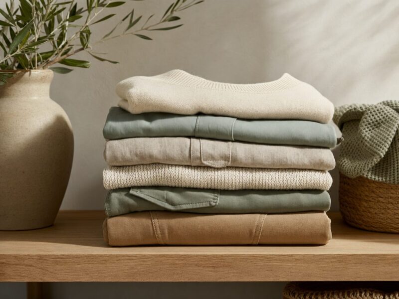 Neatly folded capsule wardrobe essentials in neutral tones