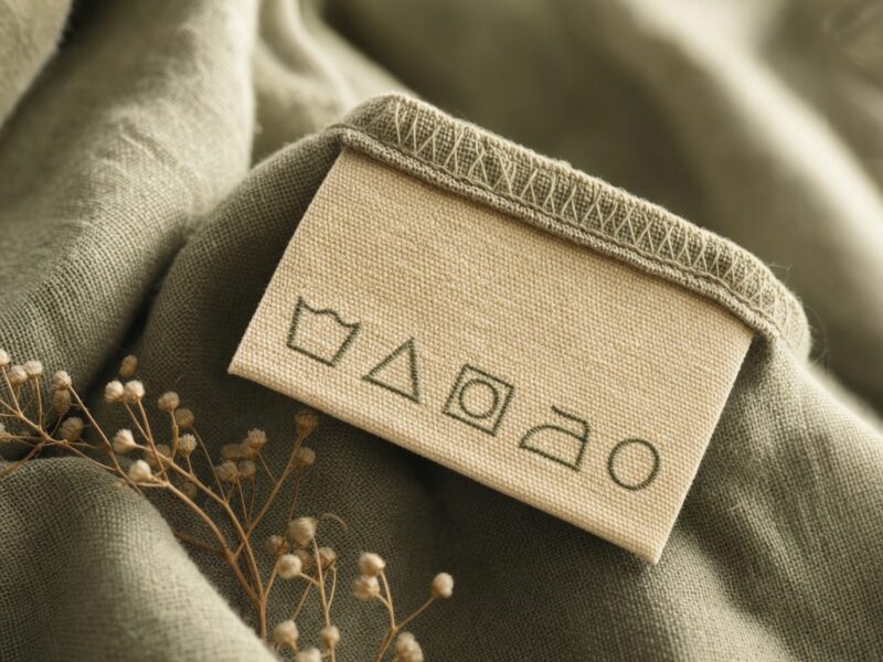 Woven fabric care label showing washing symbols