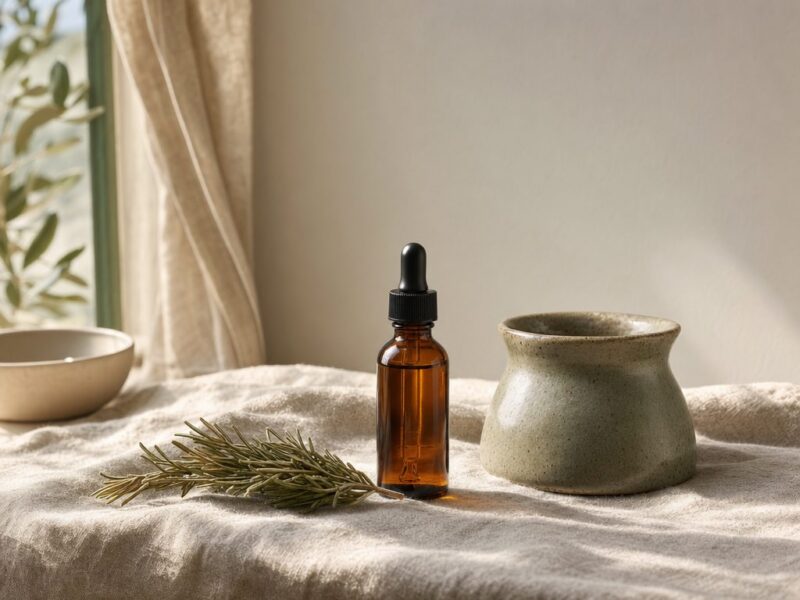 Minimal clean beauty arrangement with glass dropper bottle