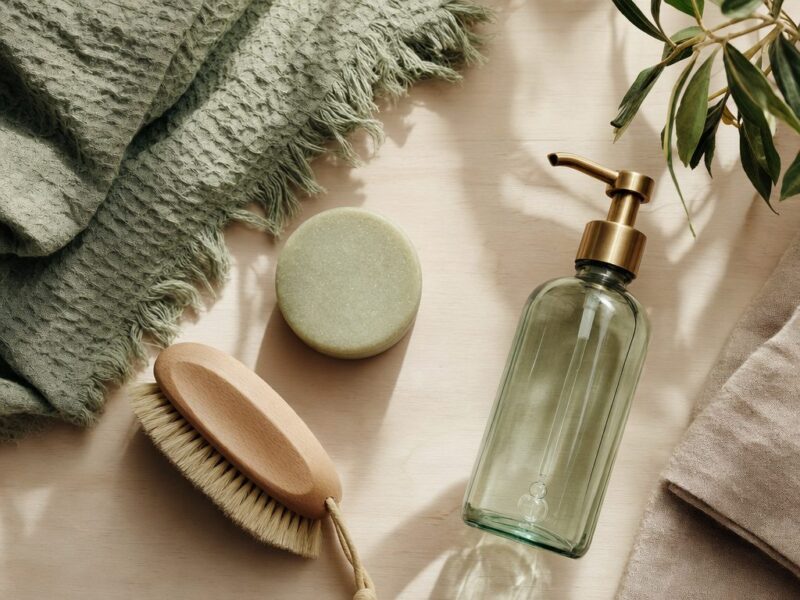 Zero-waste bathroom essentials with solid bar and bamboo brush